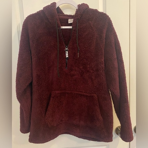 PINK Victoria's Secret Tops - PINK Victoria’s Secret 1/4 Zip Hoodie Sherpa Sz M Burgundy Kangaroo Pocket
